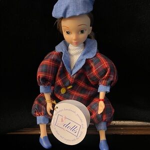 Livve Co. Porcelain Doll in Plaid Jumper & Denim Hat